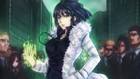 Fubuki from One Punch Man commanding attention amidst a crowd in a dark, urban setting.