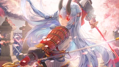 Fantasy Samurai Warrior with Fiery Eyes Amidst Cherry Blossoms