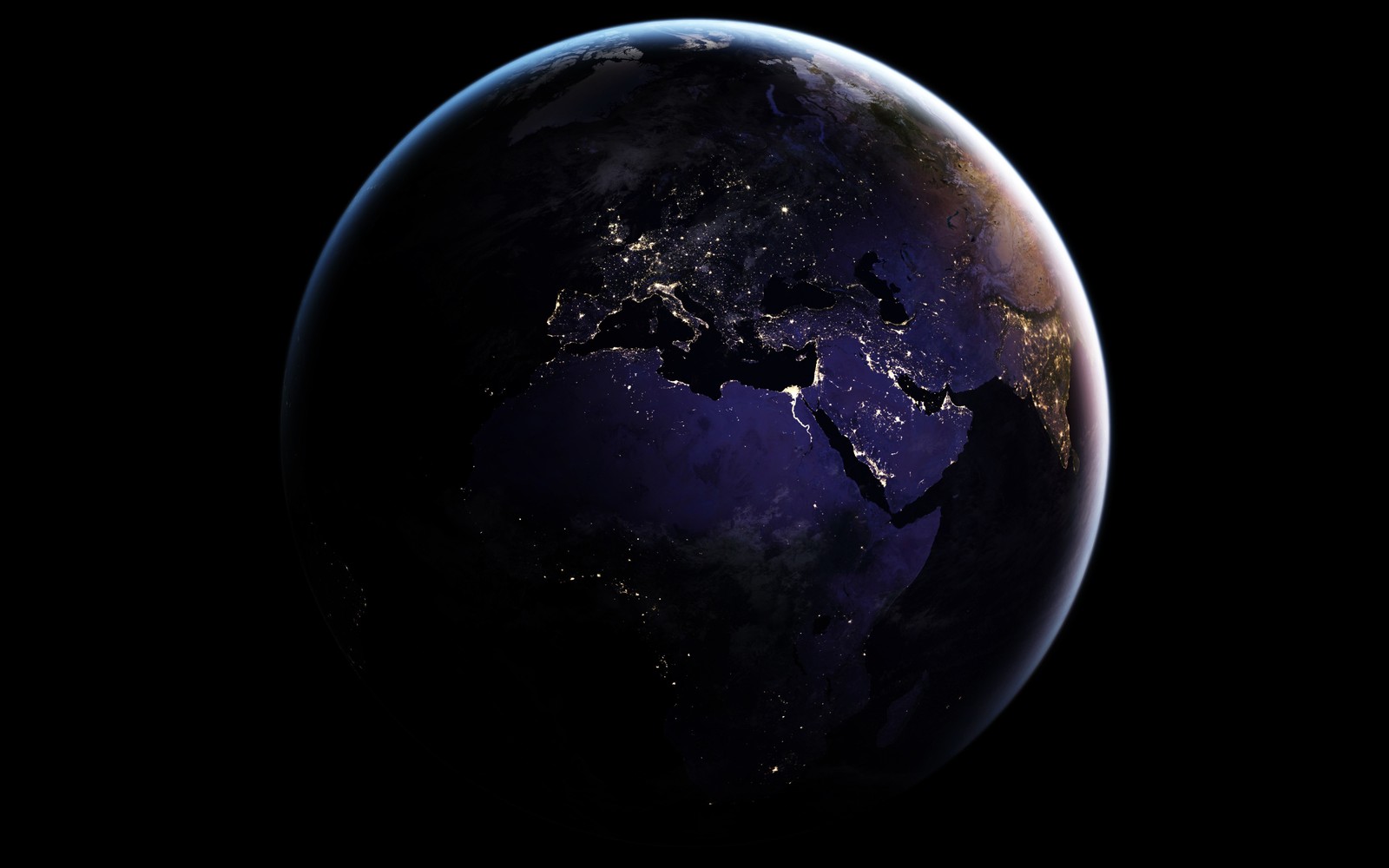 Eine nahaufnahme eines planeten mit lichtern von städten und nachtlichtern (erde, raum, planet, astronomisches objekt, atmosphäre)