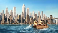 Minions erkunden die Skyline einer Metropole von einem Boot aus