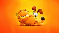 Garfield et Odie dans une pose ludique sur un fond orange vif.