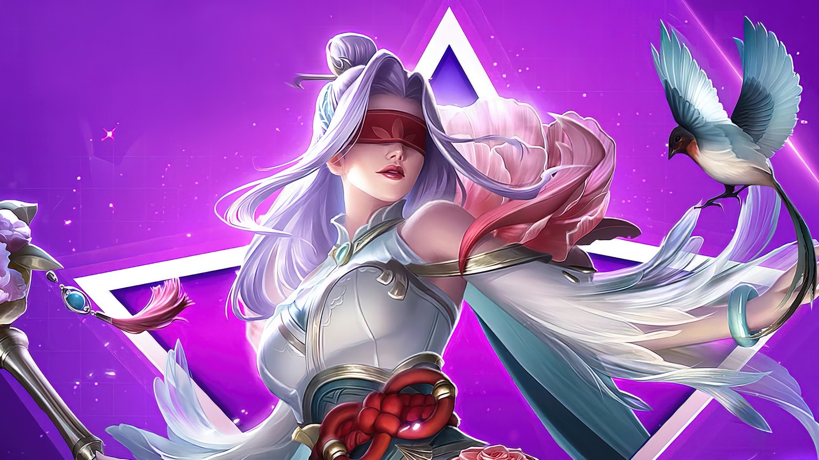 Un gros plan d'une femme avec une épée et un oiseau (pharsa, peony bloom, lumière des étoiles, peau, mobile legends)