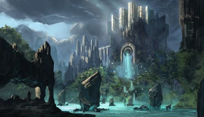 Majestic Fantasy Landscape with Waterfall and Ancient Ruins