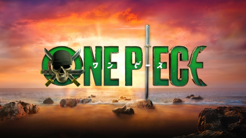 Логотип one piece с мечом и черепом на пляже (ророноа зоро, roronoa zoro, логотип one piece, one piece logo, 5k)