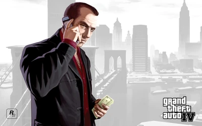 Stylischer Gentleman in formeller Kleidung mit Geld im Setting von Grand Theft Auto IV