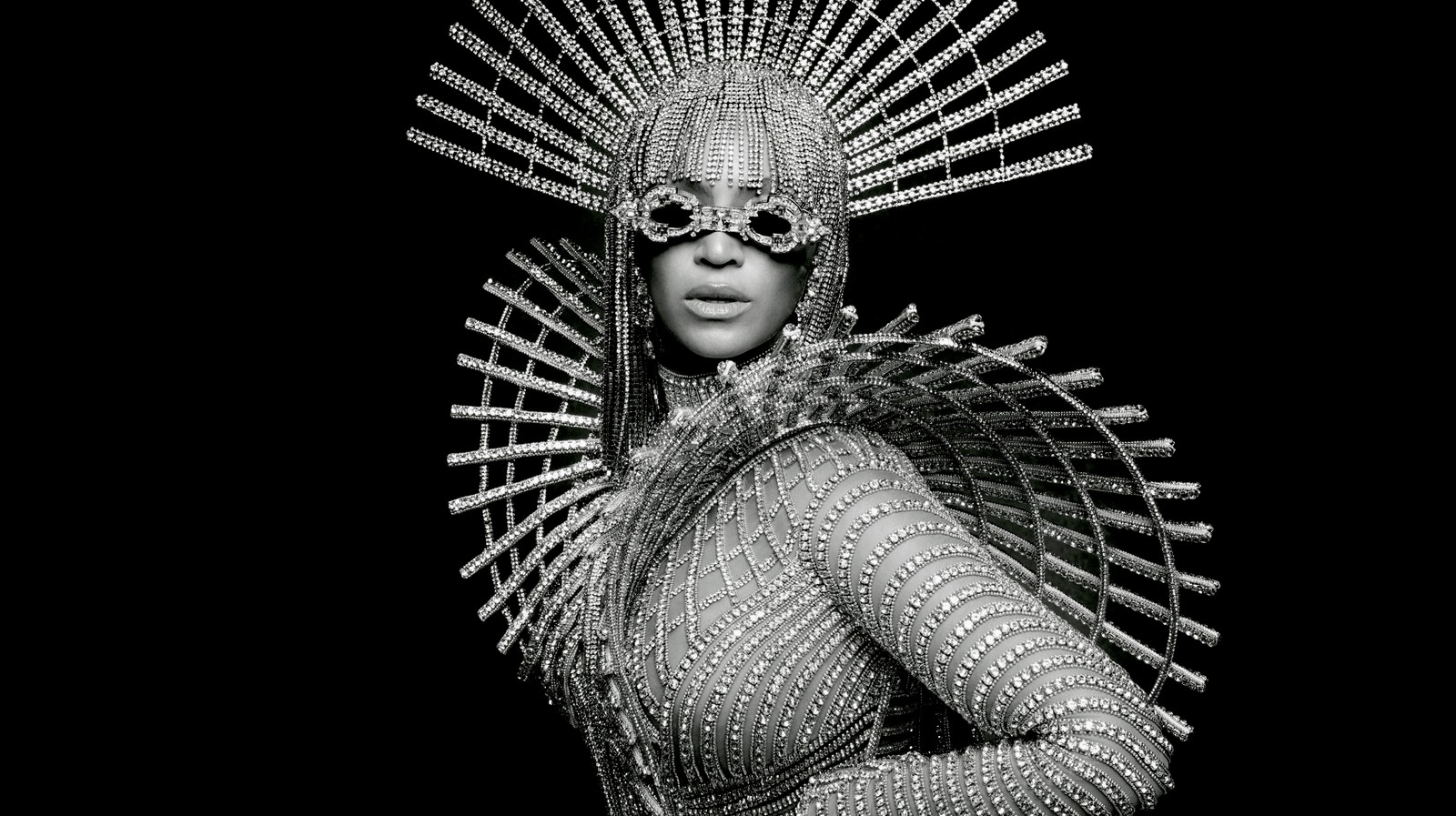 A black and white photo of a woman wearing a costume made of sticks (beyonce, vogue, monochrome, 2023, 5k)