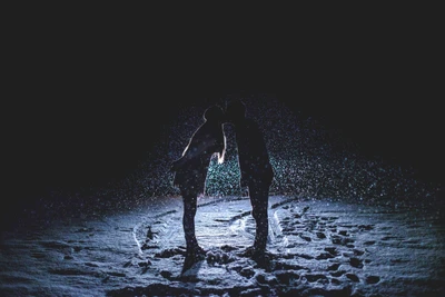 Silhouetted Couple Sharing a Kiss Under a Starry Night Sky