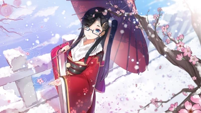 Anime Girl in Kimono with Cherry Blossoms Under a Winter Sky