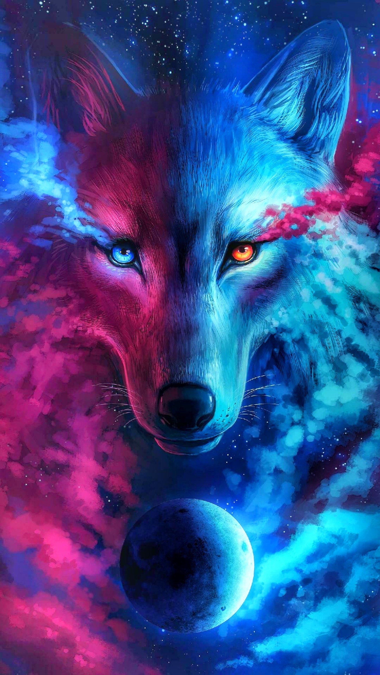 Un primer plano de un lobo con un fondo de galaxia roja y azul (azul, color, galaxia, kurt, solitario)