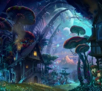 Whimsical Mushroom Landscape Under a Cosmic Sky