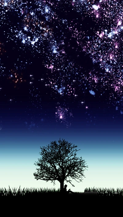 Árbol en silueta bajo un cielo estrellado