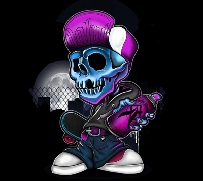 Arte de graffiti estilizado con calavera, patineta y gorra morada