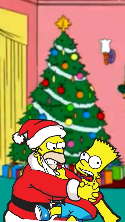 Homer Simpson in a Santa costume playfully grapples with Bart against a festive Christmas backdrop.