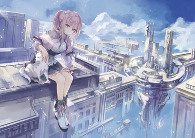 anime, city, cute, girl, tower