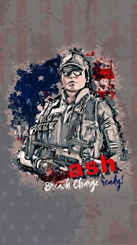 Illustration of Ash from Rainbow Six Siege with an American flag backdrop