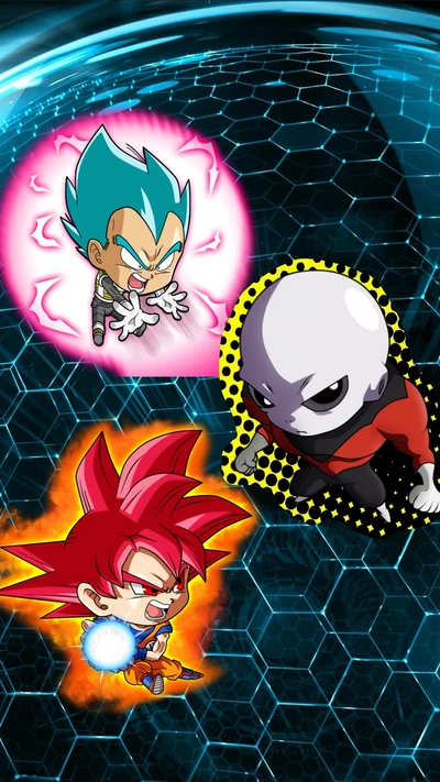 Bataille dynamique de super-héros : Goku, Vegeta et Jiren en action vibrante