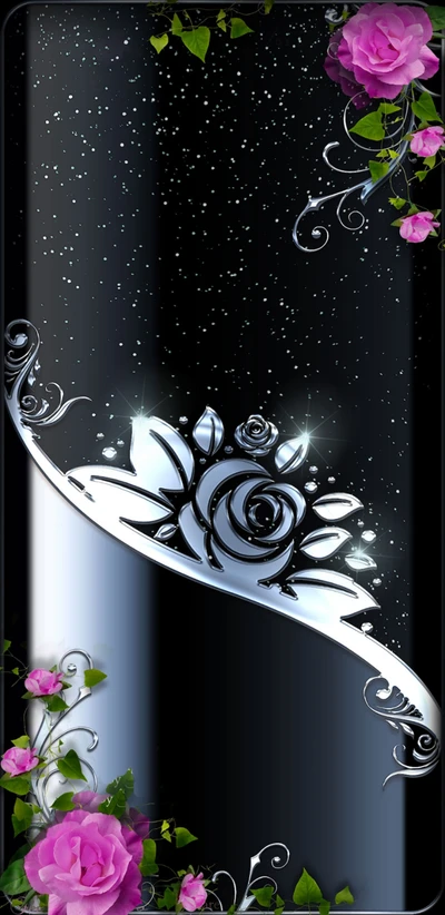 Elegant Silver Roses on a Shiny Black Background