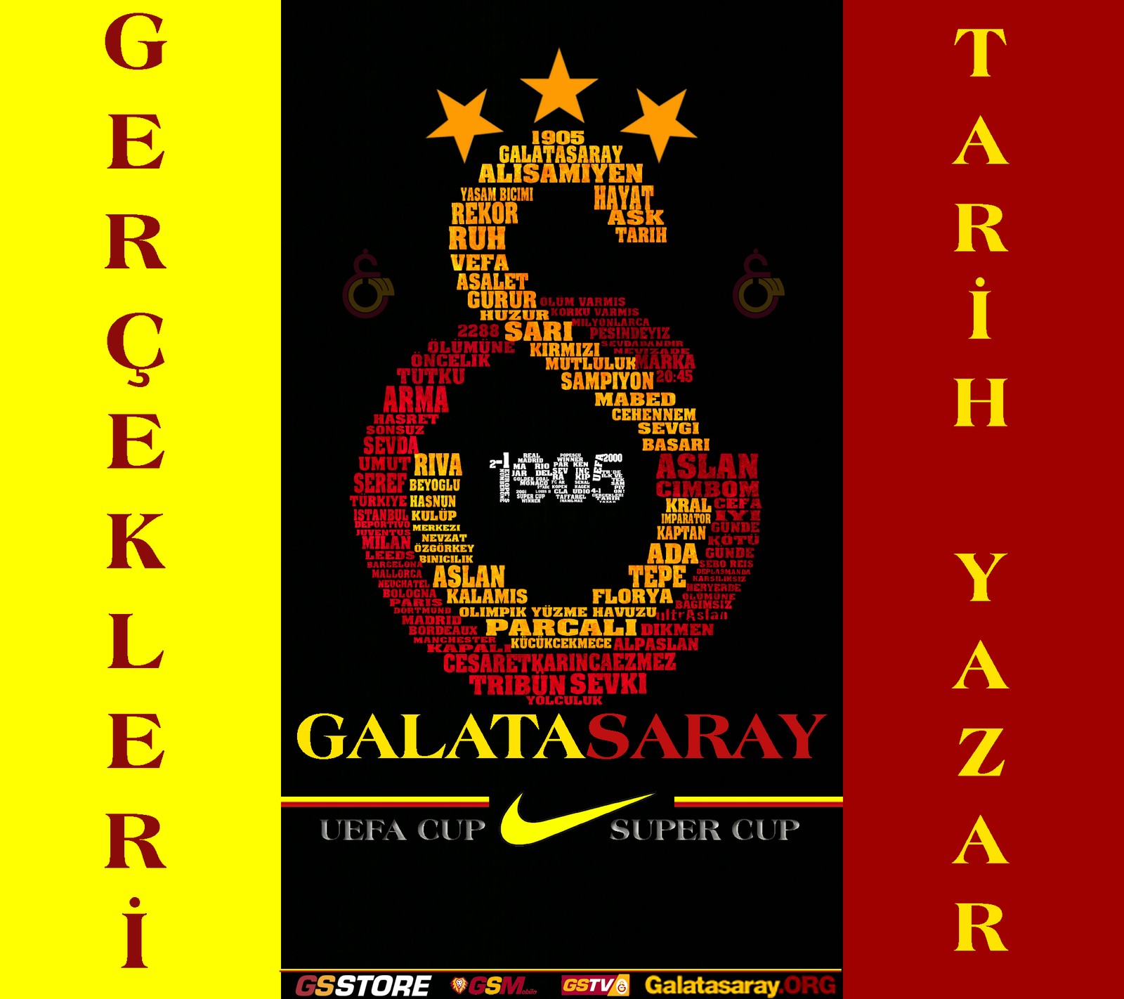 A close up of a poster with a number of stars (1905, aslan, cimbom, galatasaray, gs)