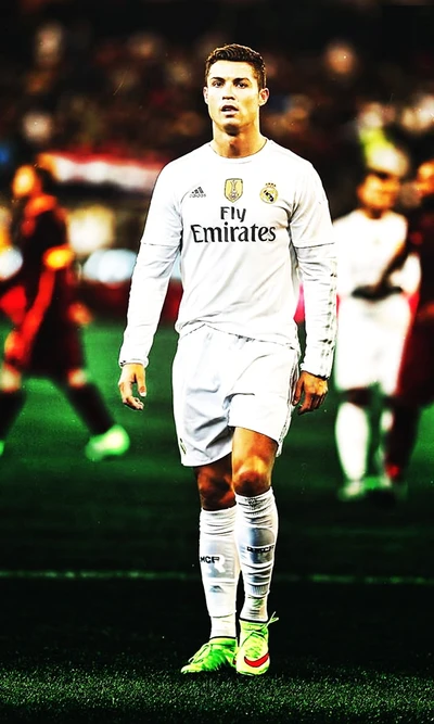 Cristiano Ronaldo in a Real Madrid jersey, focused on the game amidst a vibrant stadium backdrop.