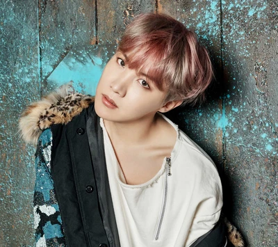 J-Hope de BTS con un atuendo elegante, mostrando una mirada cautivadora contra un fondo texturizado.