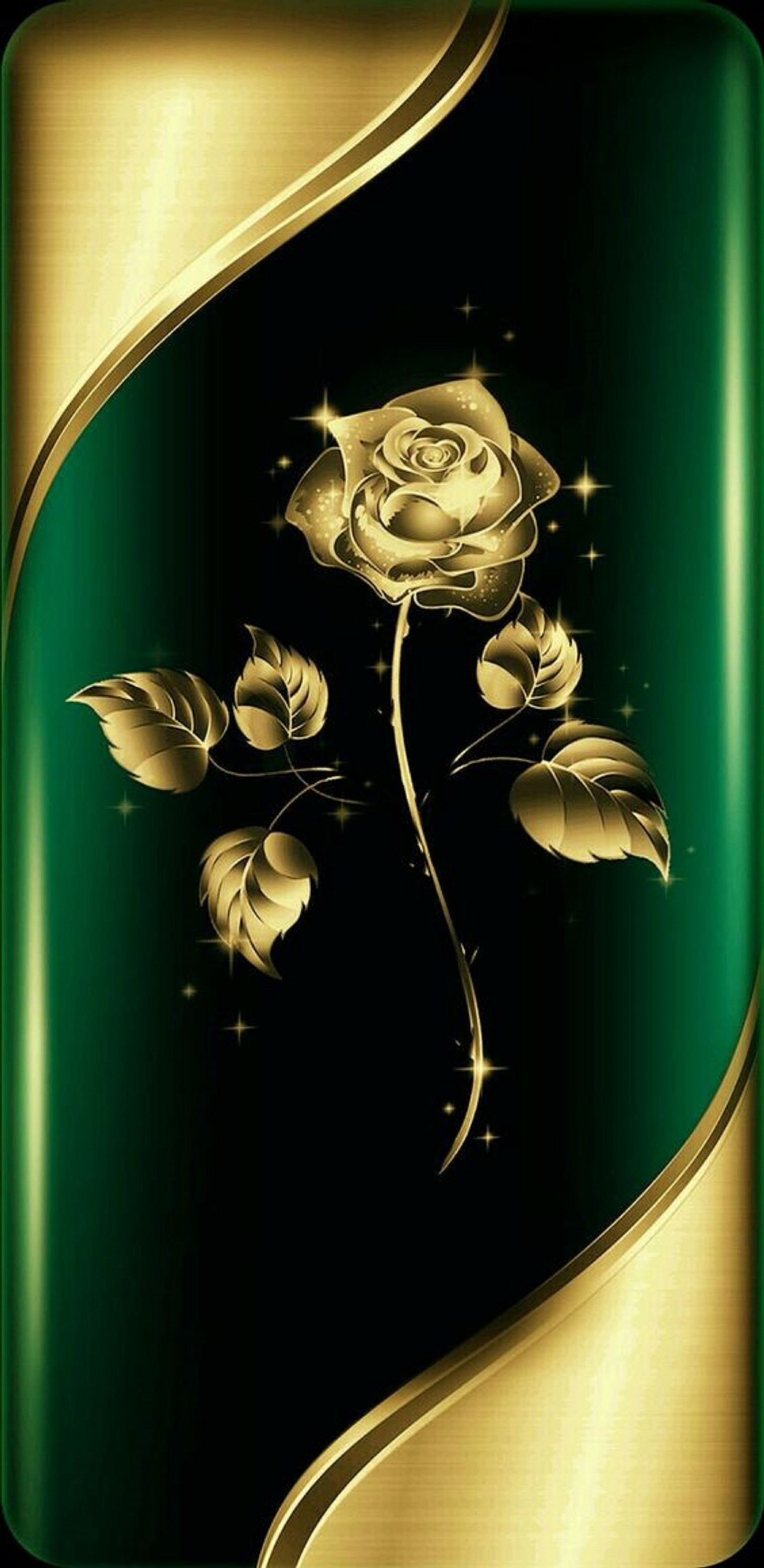 A gold rose with green and gold background and a black background (rose, flower)