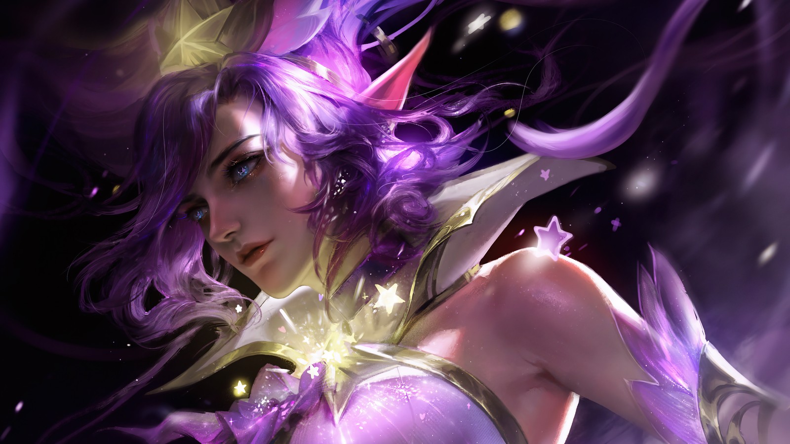 Une femme aux cheveux violets et à la robe violette tenant une épée (janna, gardien des étoiles, lol, league of legends, jeu vidéo)