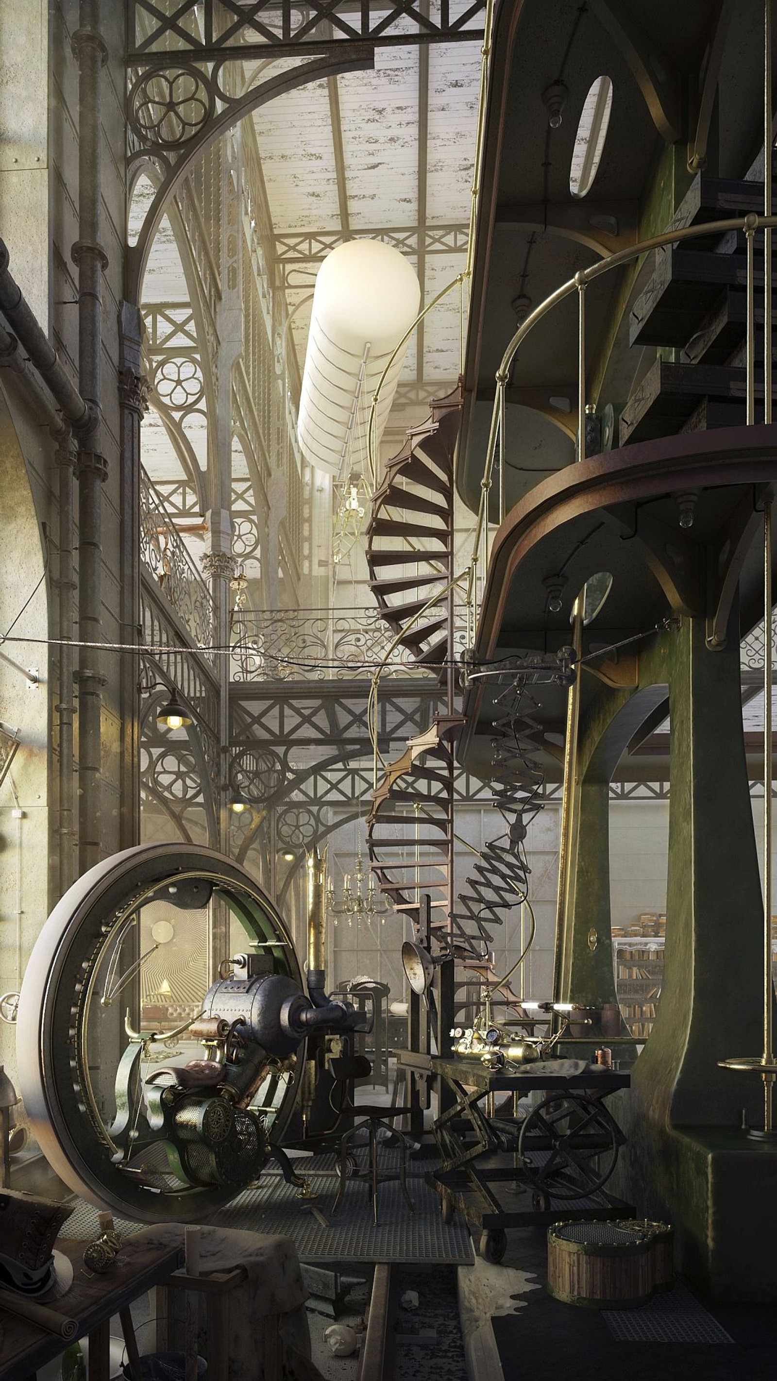 There is a large room with a spiral staircase and a clock (loft, steampunk)