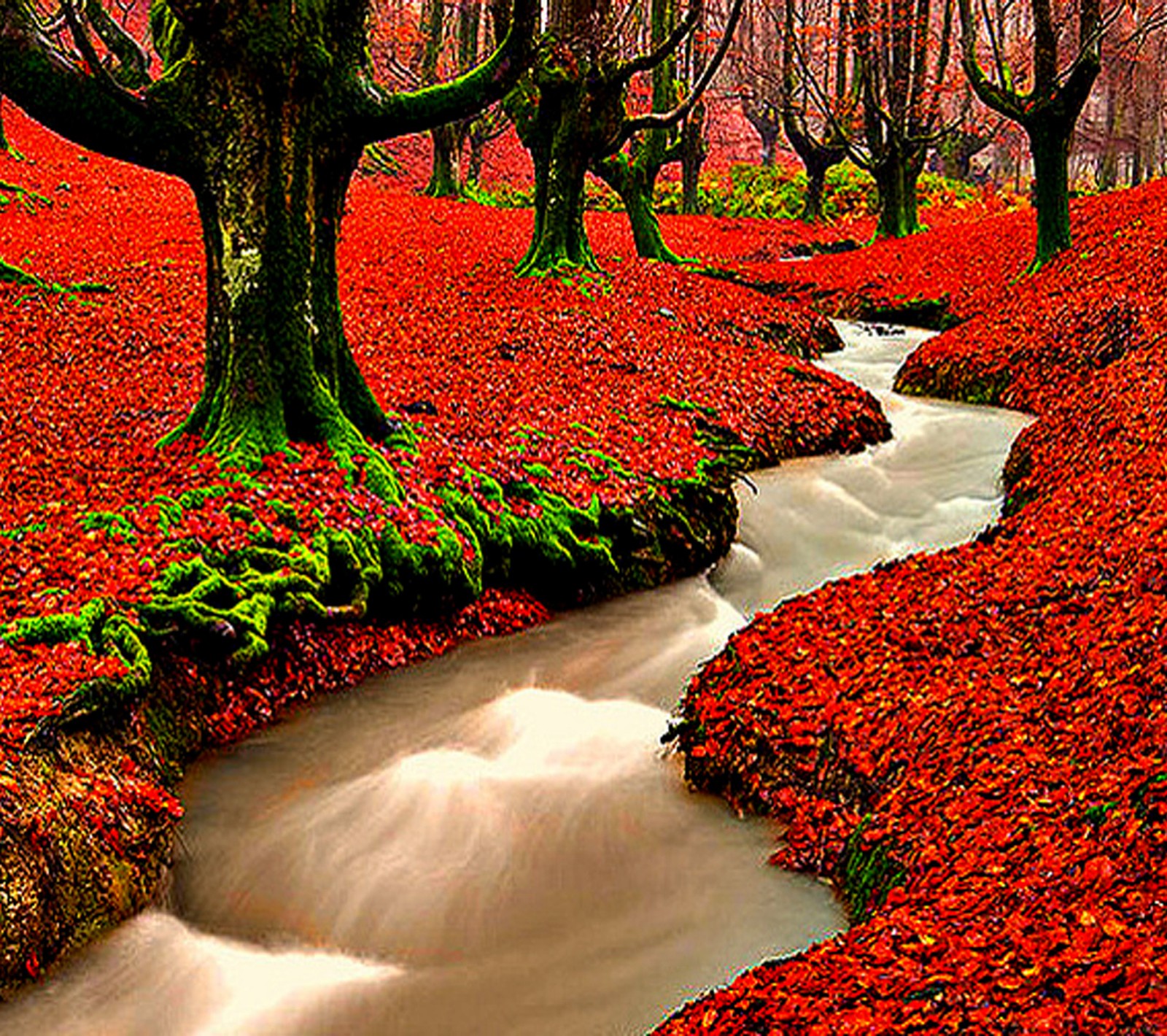 Trees and leaves are covering the ground and the water is flowing (nature, wallpaper)