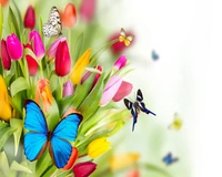 Flores de primavera vibrantes con mariposas coloridas