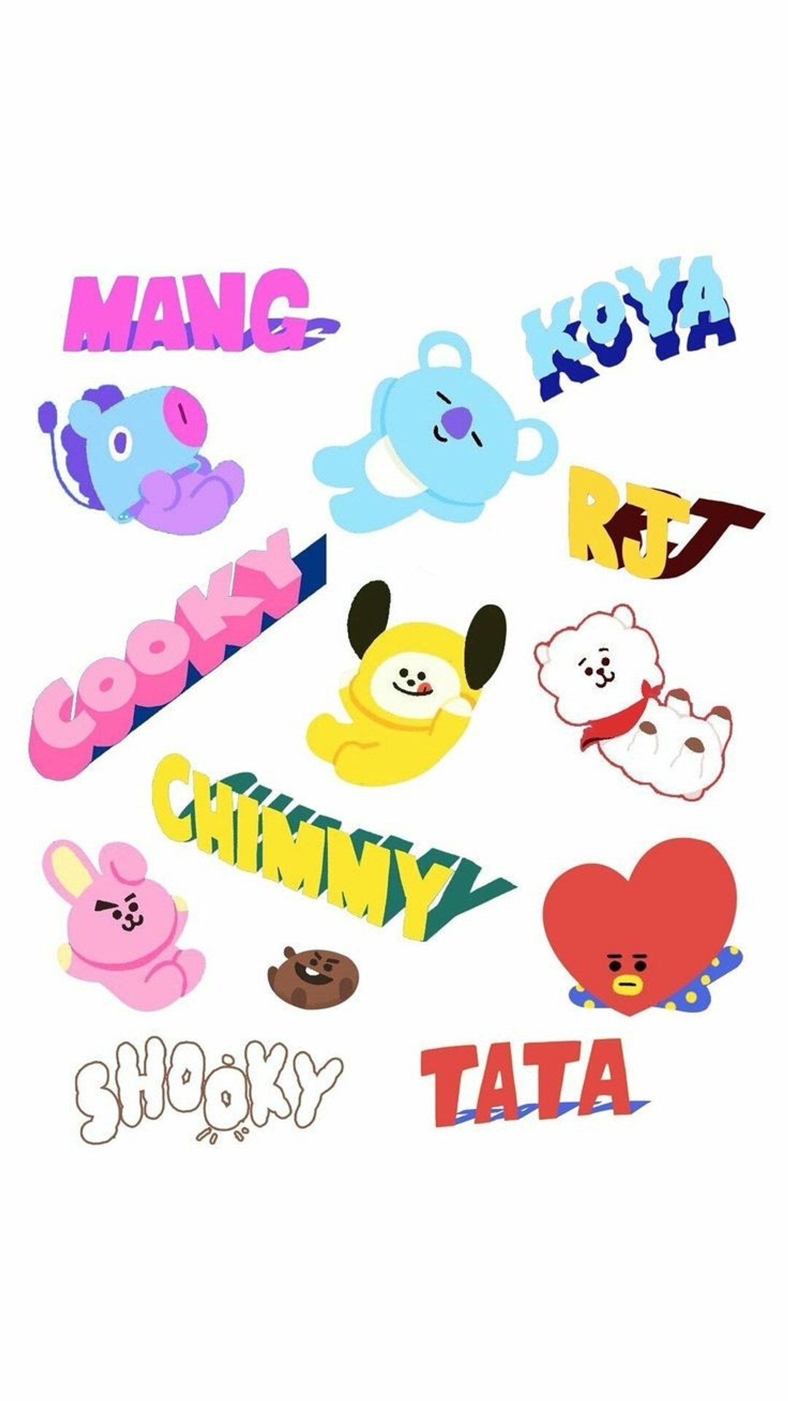 A close up of a bunch of stickers with different designs (bt21cutewallpapers, cute)