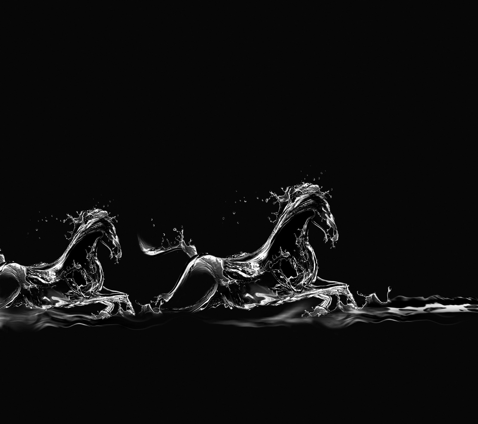 Horses running in the water with splashes of water on them (horses, water)