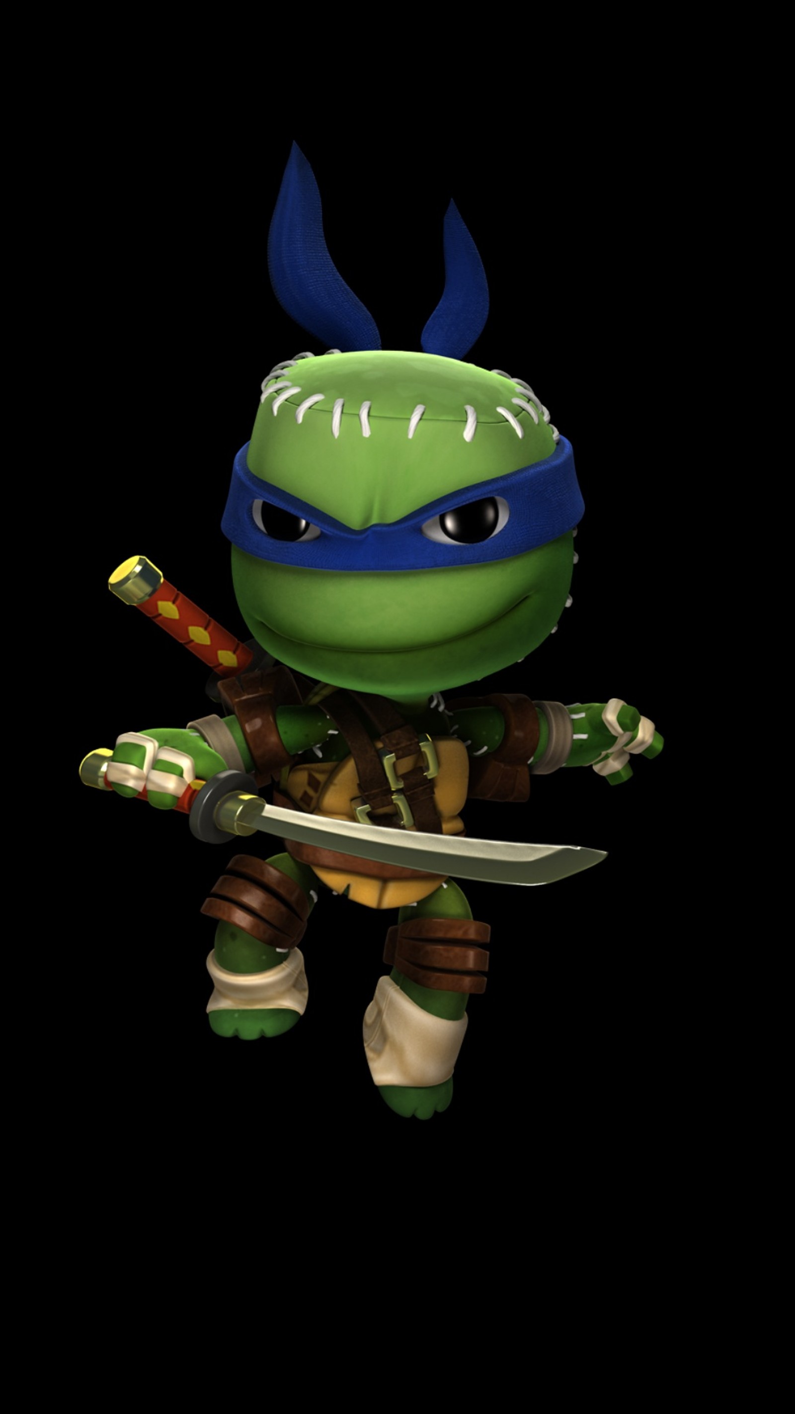 A close up of a toy with a sword and a helmet (littlebigplanet, ninja, tmnt, turtles)