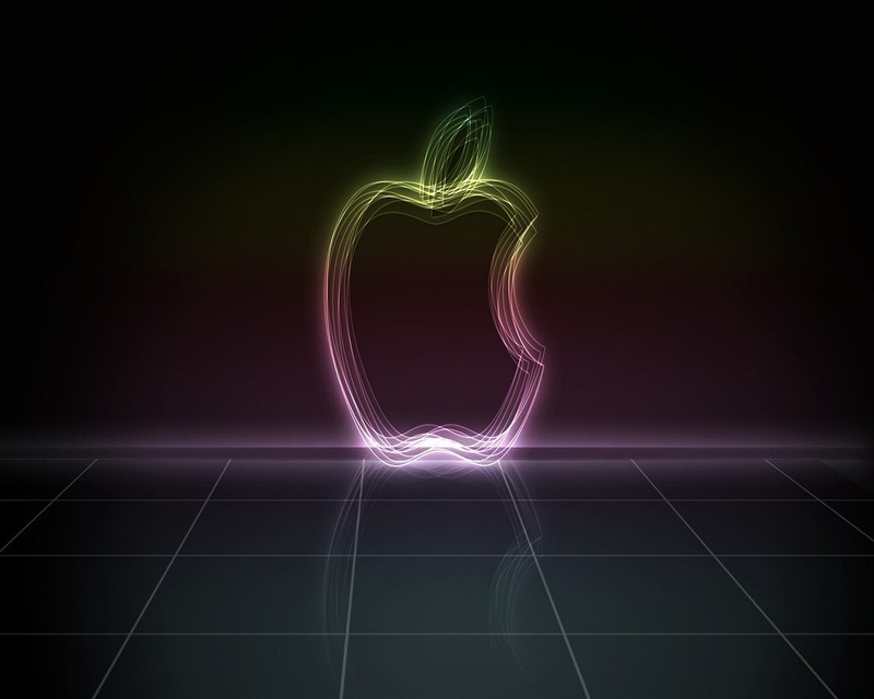 Неоновый логотип яблока на черном фоне с сеткой квадратов (яблоко, логотип apple, цветной, крутой, iphone)