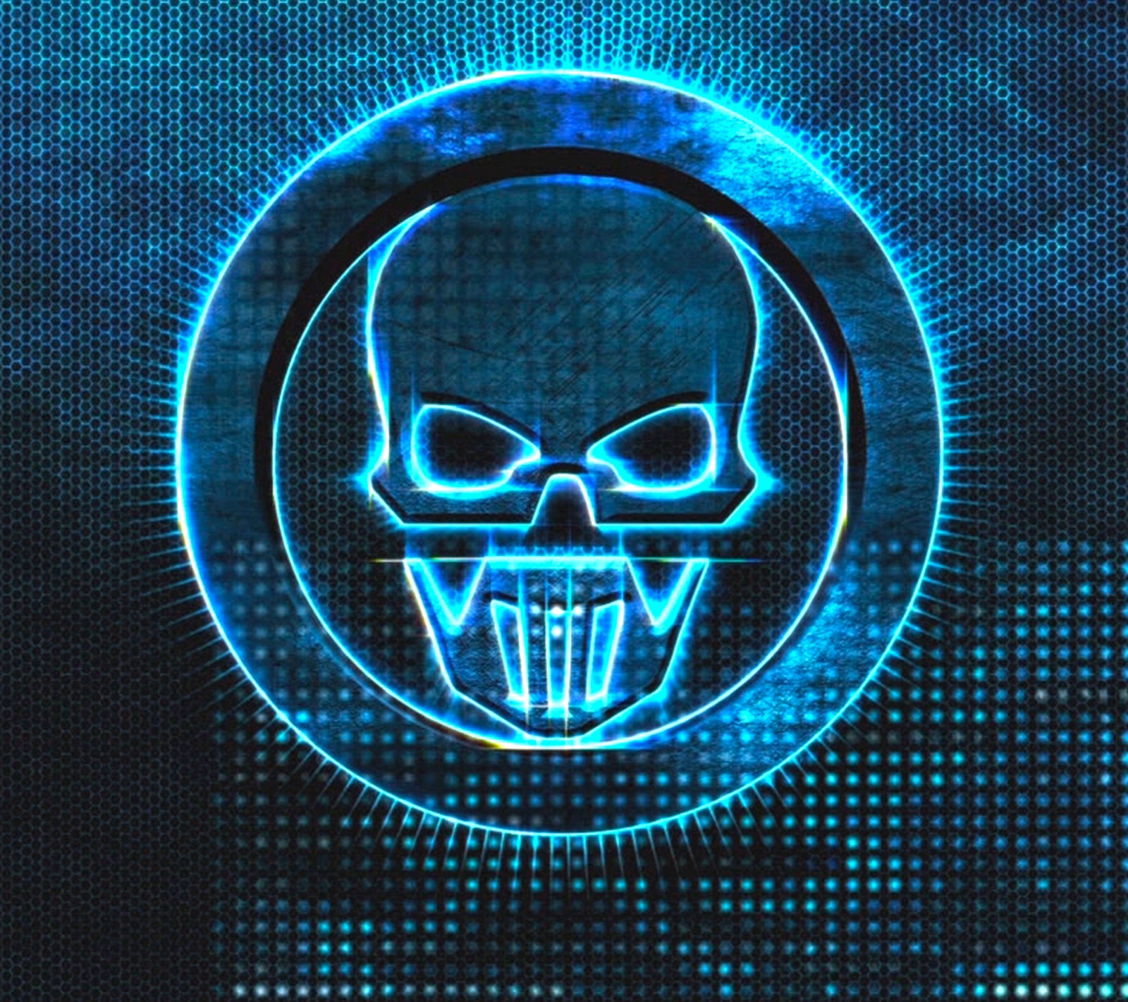 Gros plan d'un crâne avec un visage lumineux sur un fond bleu (soldat futur, jeu, ghost recon, logo)