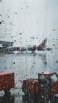 Vista encharcada de chuva de aeronaves e veículos de serviço em um aeroporto