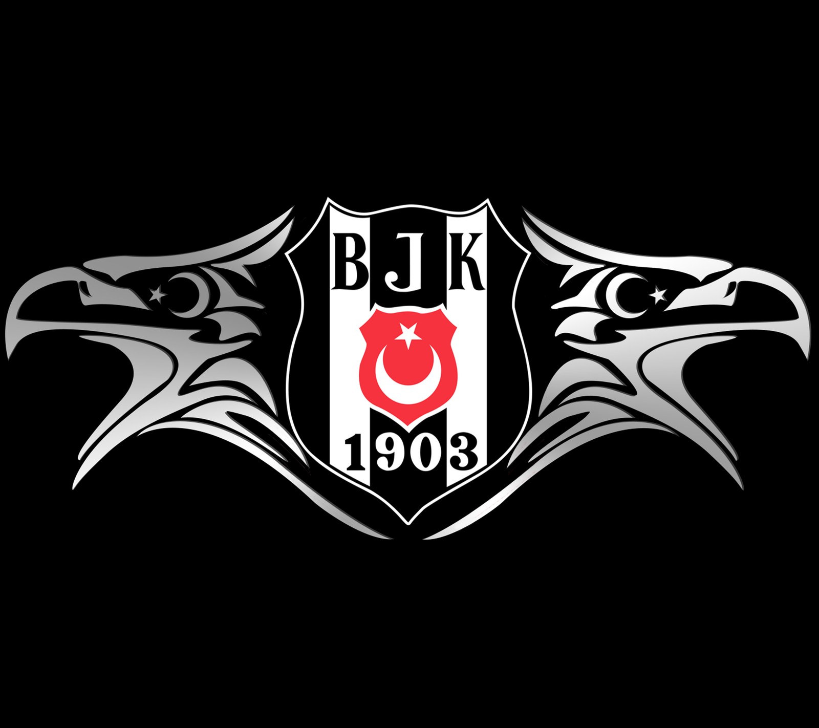 Nahaufnahme eines schwarz-weißen logos mit zwei adlern (ayyıldız, ayyildiz, besiktas, weiß, schwarz)