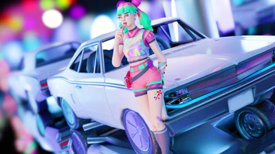 Colorful Cartoon Knight: Zoey from Fortnite with Ice Cream by a Retro Car