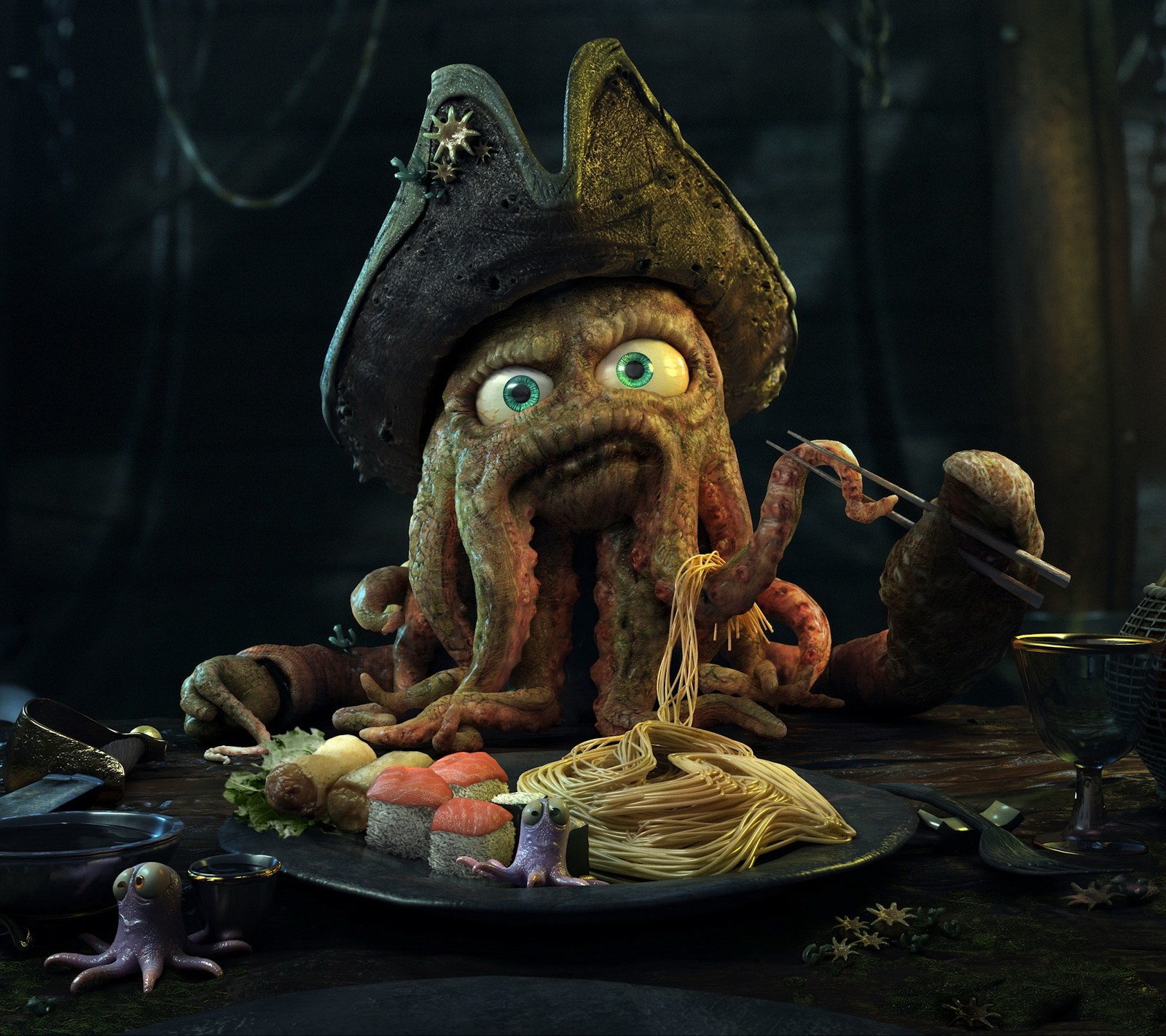 Hay un pulpo muy lindo comiendo espagueti con un sombrero de pirata (davy jones, pulpo, piratas, sushi)