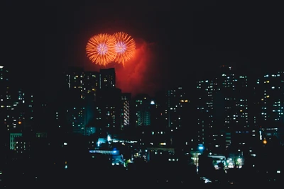 Spectacular Fireworks Illuminate the Night Sky Over a Cityscape