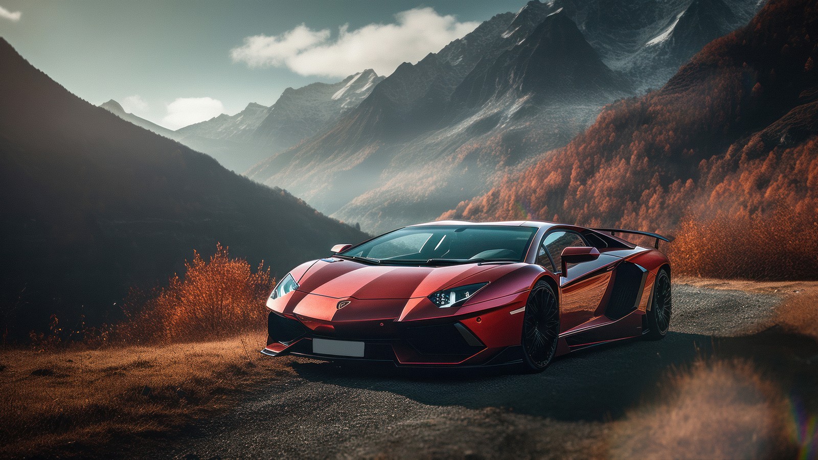 Un coche deportivo rojo estacionado en una carretera frente a montañas (lamborghini aventador, estética naranja, fondo de otoño, roadway, paisaje otoñal)