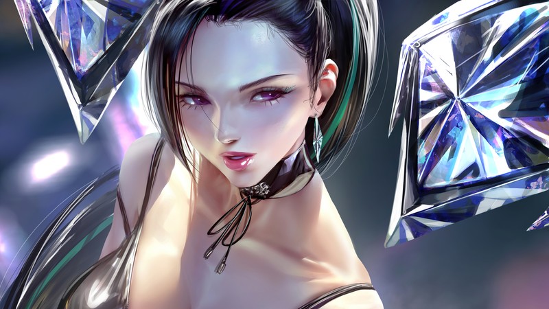 Крупный план женщины с бриллиантом на плече (kda, kaisa, lol, league of legends, видеоигра)