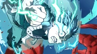 Izuku Midoriya unleashing a powerful blow, surrounded by electrifying energy, embodying the spirit of a hero in "My Hero Academia.