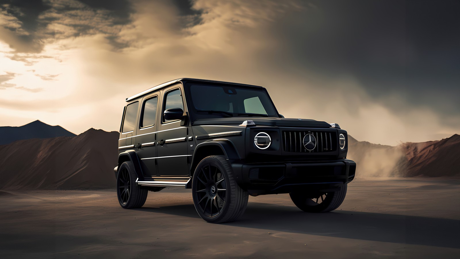 Um mercedes g-class preto dirigindo por um deserto (mercedes benz g class, suv de luxo, g wagon, mercedes amg g 63, carros)