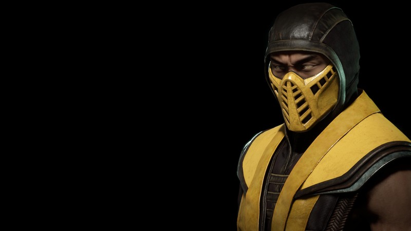 Мужчина в желтом и черном костюме с желтой маской (скорпион, mortal kombat 11, видеоигра)