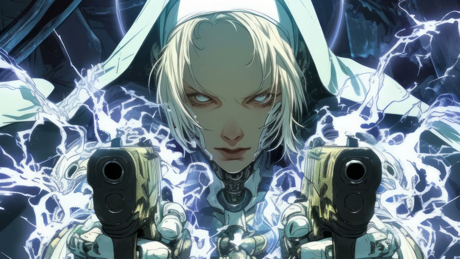 A woman holding two guns in front of a lightning (nun, guns, sci fi, anime girls)