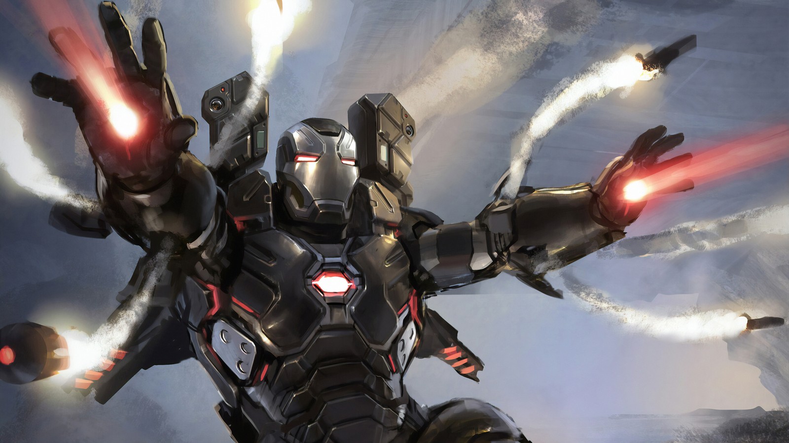 A close up of a person in a suit with red lights (war machine, marvel comics, comics, missiles)