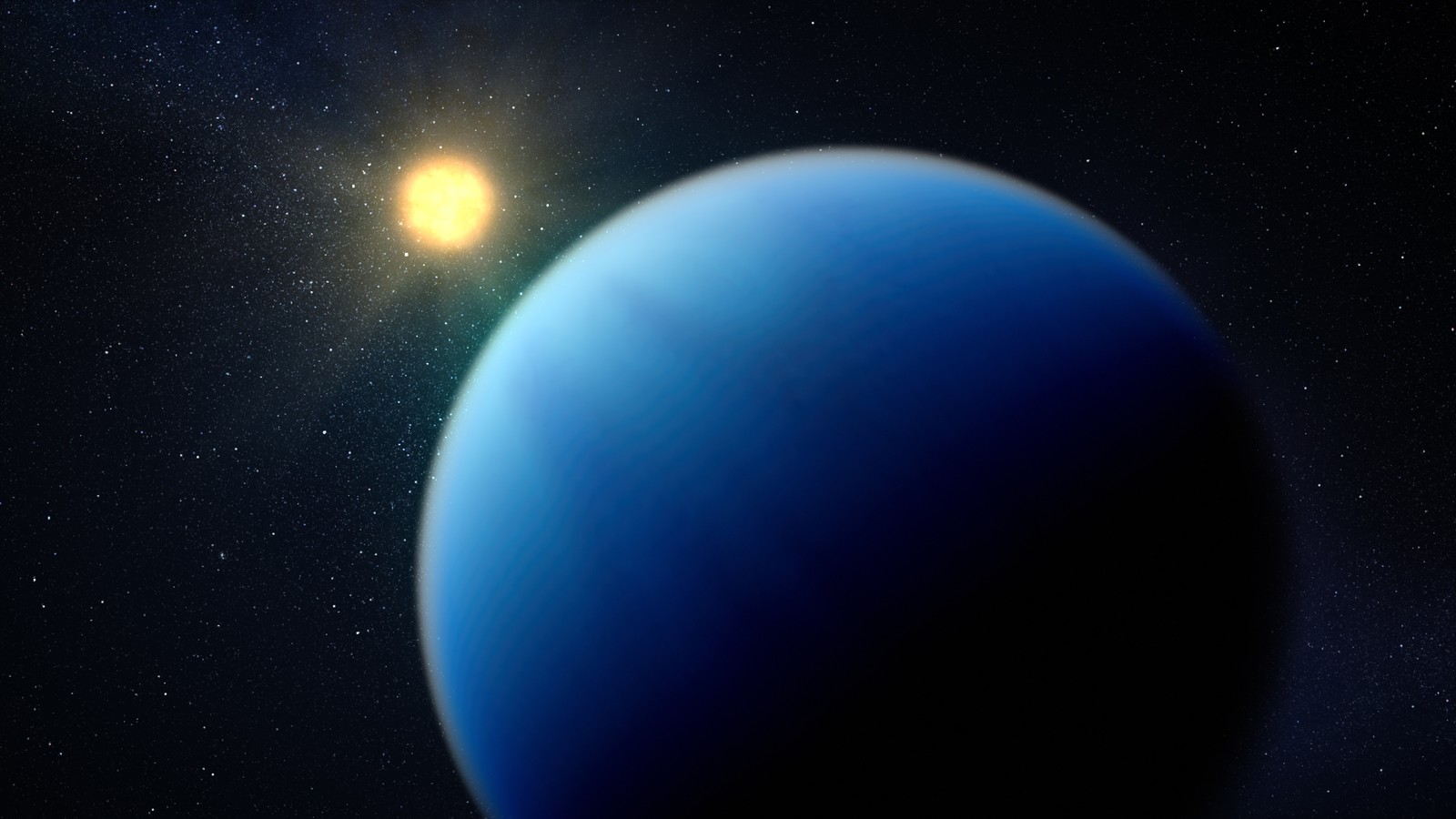 Ein blauer planet mit einem hellen stern im hintergrund (exoplanet, weltraum, kosmos, planet, raum)