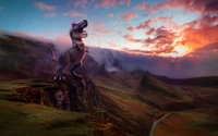 Majestuoso dinosaurio que contempla un paisaje montañoso al atardecer