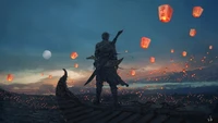 Silhouetted figure on a boat against a serene twilight sky, lanterns floating upwards towards a glowing moon, evoking a sense of peace and introspection.