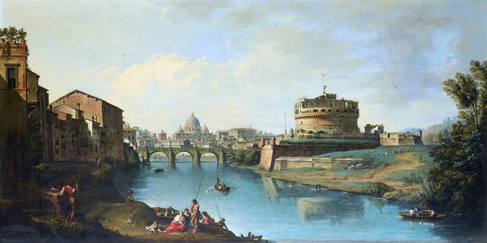 A painting of a river with a bridge and a castle in the background (painting, art, waterway, watercolor paint, painter)